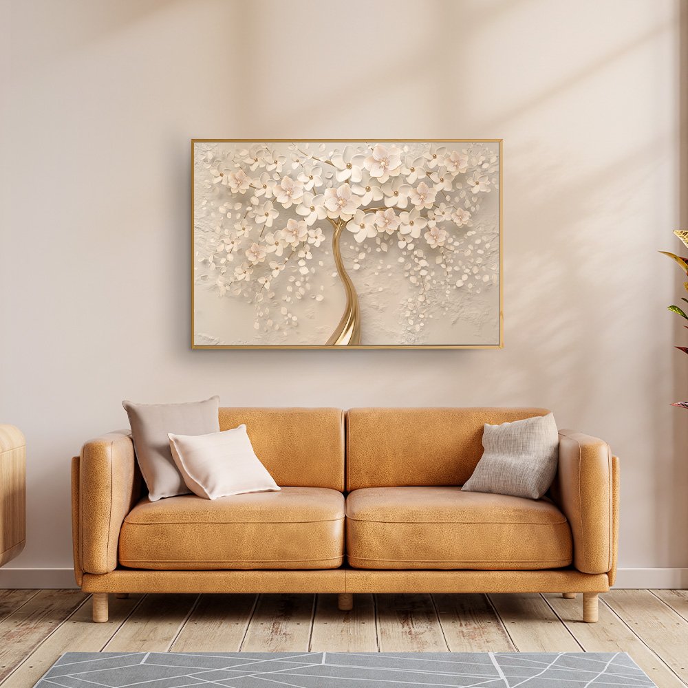 Quadro Decorativo Cerejeira Tronco Dourado Flor Branca - ArtBeni