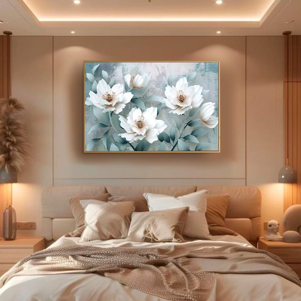 Quadro Decorativo Flores Brancas Fundo Azul - ArtBeni Quadros